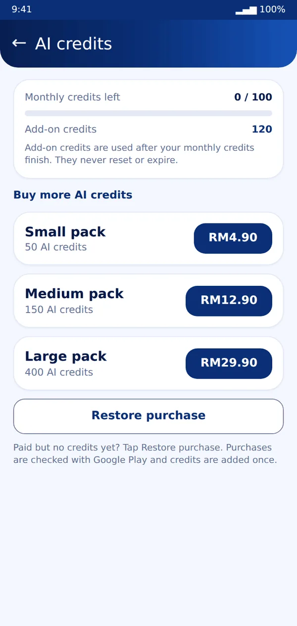 Top up AI credits when you need