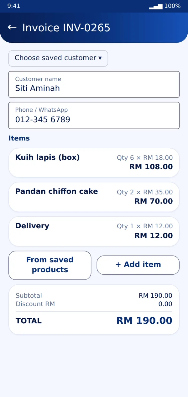 Add items, send in minutes
