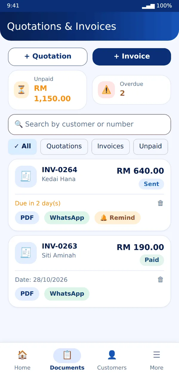 Quotations and invoices, sent on WhatsApp