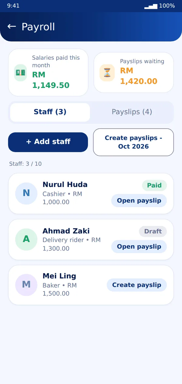 Pay staff, keep payslips