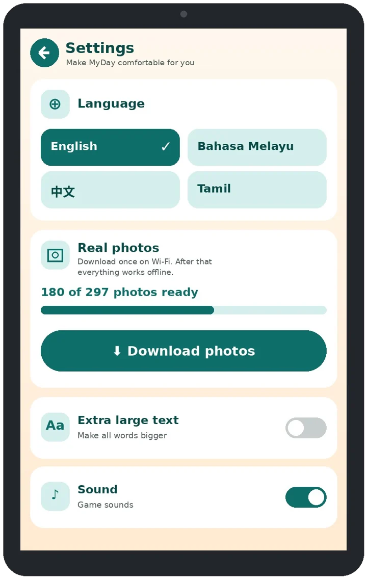 Settings screen with language choice and photo download